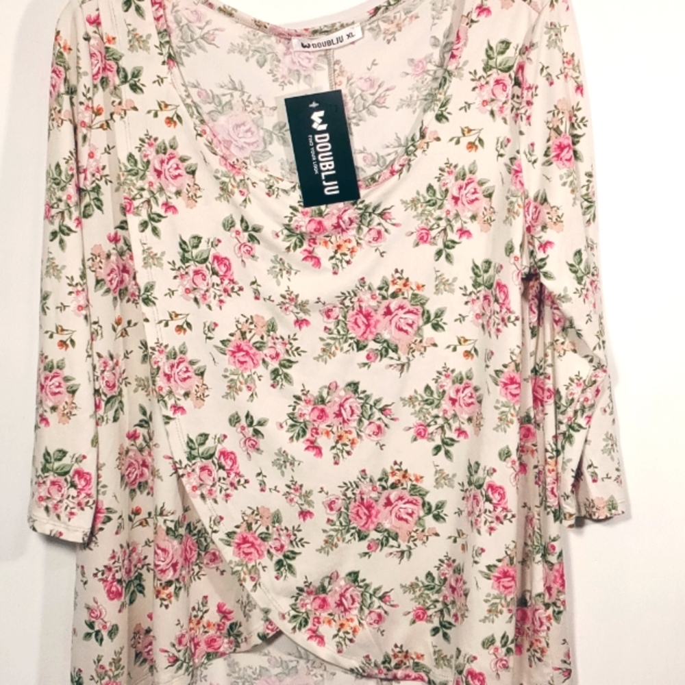 Doubleju Women's floral Pullover Stretch Top XL 3/4" Sleeve Wrap High Low NWT